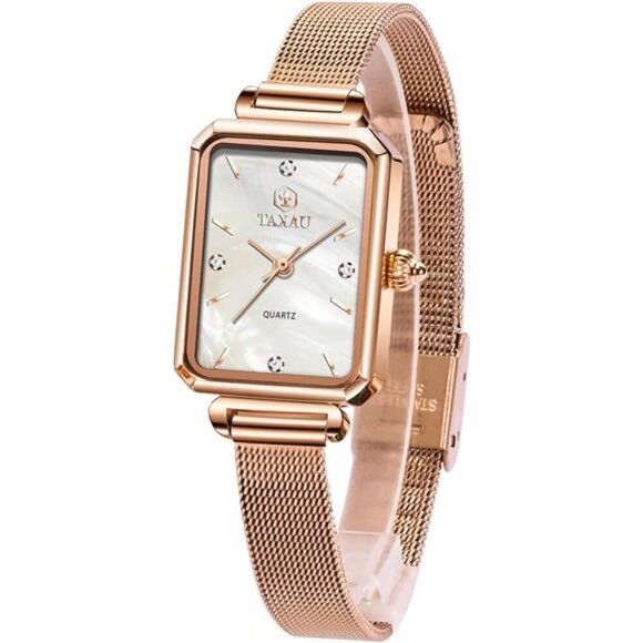 Rose Gold Tone Mesh Bracelet Stainless Steel Square Dress Watches for Women main image 4